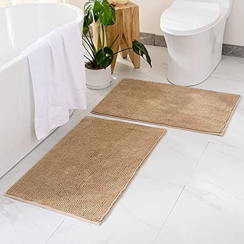 MIULEE Badematte 60x90cm Set 2 teilig Chenille Badteppich Badezimmerteppich rutschfest Waschbar Duschvorleger Badvorleger Duschmatte Bettvorleger Fussmatte Badezimmer Wohnzimmer Schlafzimmer Beige