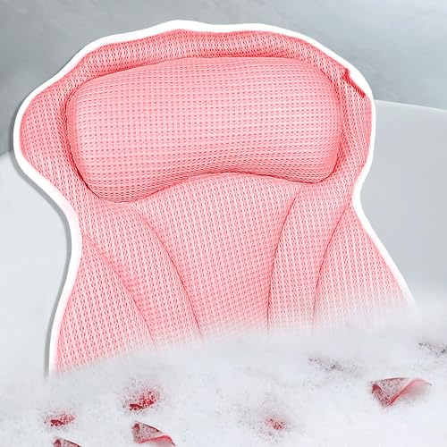 Badkudde, badkuddar för badkar nacke och ryggstöd, badkarskuddar för huvud och nacke med 6 starka halkfria sugkoppar, 4D luftnät, badtillbehör spa-gåvor för kvinnor (rosa)