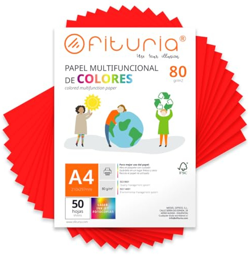 OFITURIA Folios de Colores A4 80gr, Pack 50 Hojas – Papel Rojo para Manualidades, Impresora y Scrapbooking – Folios A4 Colores – Ideal Origami, Oficina y Escuela (Rojo)