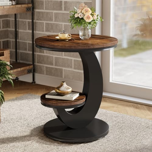 Tribesigns Round End Table, 2 Tiers Side Table with Storage Shelf, Sofa Side Bedside Nightstand with Wood Metal Arc-Shaped Frame for Small Spaces, Living Room, Bedroom, Easy to Assemble, Brown
