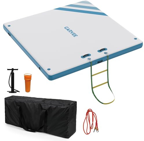 Garvee Inflatable Floating Dock, 2.6 x 2.6 m Floating Island with Portable Carrying Bag, Rope Ladder & Pump, Multi-Person Swim Water Mat for Adult, Non-Slip Air Raft Platform for Lake Pool Beach