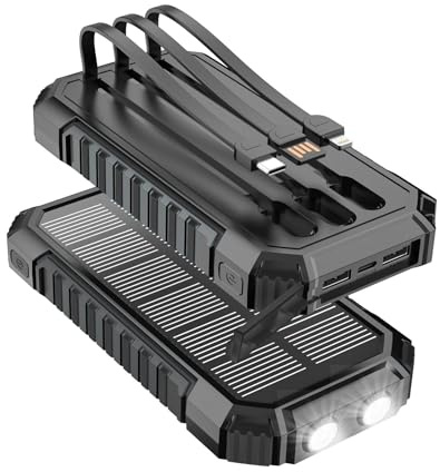 Power Bank Solar 20000mAh - 15W Caricatore Rapido Portatile 3 Cavi Integrati con Torcia LED - 5 Uscite, Caricatore Solare Cellulare per iPhone 17/16/15/14/13 e Android