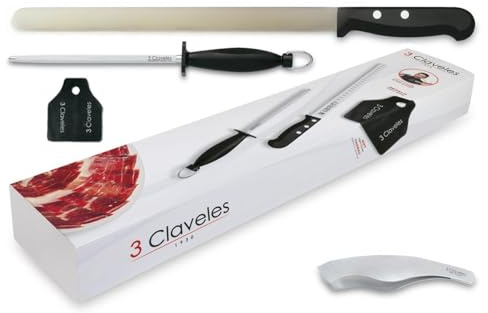 3 Claveles Uniblock – Set couteau à jambon alvéolé 29 cm, fusil 20 cm et pinces spéciales pour dressage à jambon + Cadeau Couvre Jambon