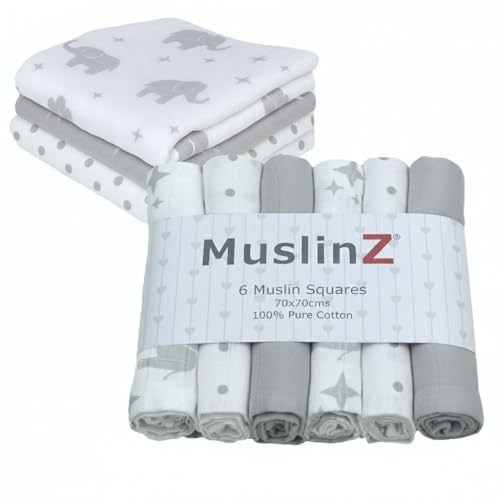 MuslinZ 6PK Baby muslin kvadrater, rapdukar, muslinblöjor, mjuka, absorberande och andningsbar 100% bomull 70 x 70 cm (grå elefant)