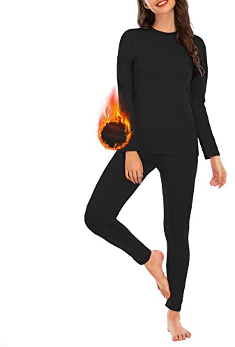 Womens Thermal Underwear Set Long Johns Base Layer Fleece Lined Top and Bottom Thermals Sets Loungewear Black Medium