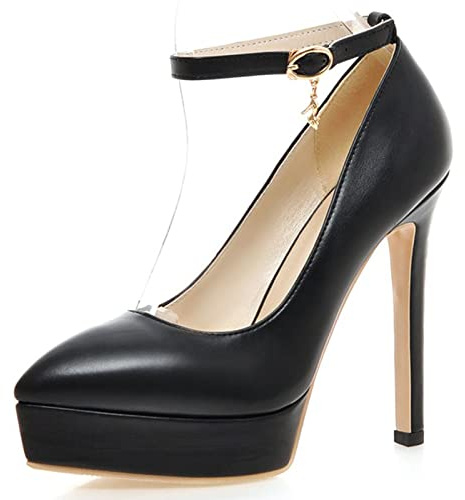 Lizoleor Donna con Cinturino alla Caviglia Sposa Vestito Serata Tacco A Spillo Pump Appuntito Formal Tacco Alto Plateau Prom Scarpe Nero Numero 32 EU
