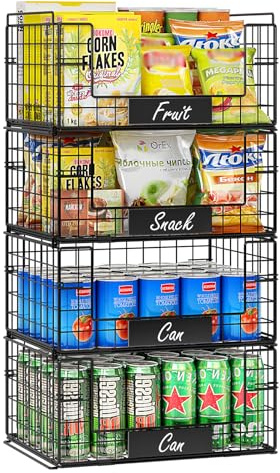 JKsmart 4 Pack XXL Stackable Wire Baskets with Handles for Pantry Storage and Organization,Fruit and Vegetable Basket with Name Plates,Metal Storage Bins for Snack Can Fruit Veggies