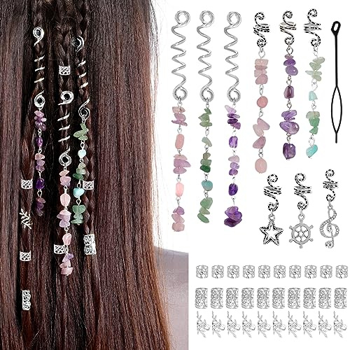 40Pcs Natural Colored Crystal Stone Hair Accessories, hoyuwak Metal Hair Charms, Silver Loc Dreadlock Spirals, Cuffs & Rings for Women's Hairstyles