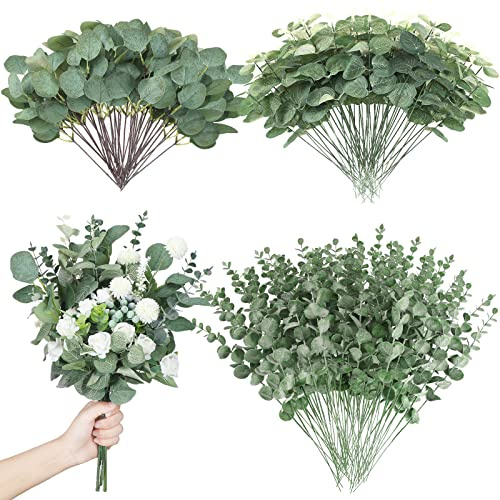 Giegxin 180 Pcs 3 Kinds Mixed Artificial Eucalyptus Leaves Stems Bulk Silver Dollar Leaves Picks Dried Eucalyptus Bundle Faux Spray for Wedding Vase Bouquet Floral Arrangement (Green)