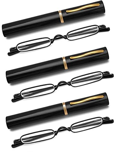 OWTXIS 3 Pack Mini Slim Pen Reading Glasses - Compact Readers with Pen Clip Case Spring Hinge Metal Frame Eyeglasses (Black, +1.00)