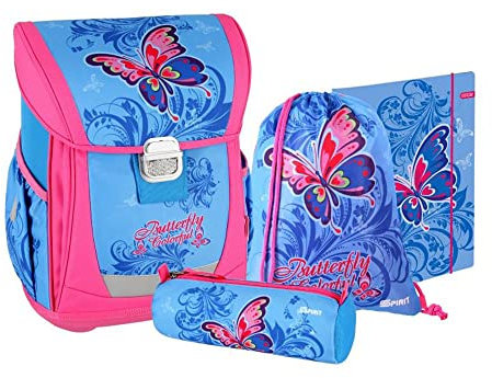 Grundschul Ranzen Set - Schulranzen Set 4 teilig für Mädchen mit Schlampermäppchen Zeichenmappe Turnbeutel (BUTTERFLY' Schmetterling)