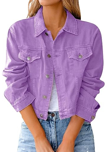 L9WEI Veste en jean pour femme - Manches longues - Avec poche - Couleur unie - Veste légère de transition - Mode streetwear