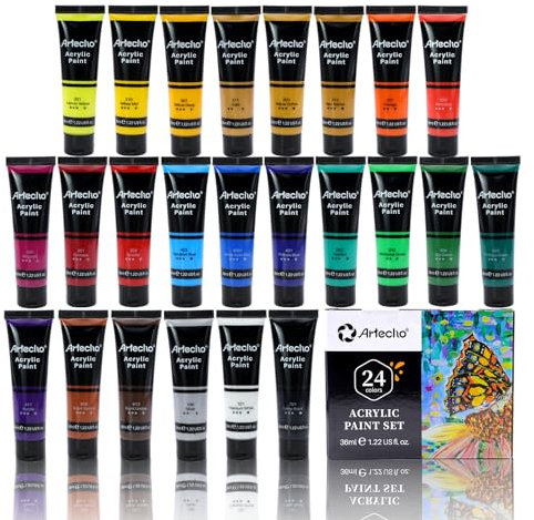 Artecho Acrylic Paint Set for Art, 24 Colors 36ml Basic Acrylic Paint Supplies for Wood, Fabric, Crafts, Canvas, Leather&Stone