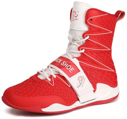 B LUCK SHOE Boxing Shoes for Men High Top Gym Shoes Fighting Sports Training Footwear LS308 Red/White
