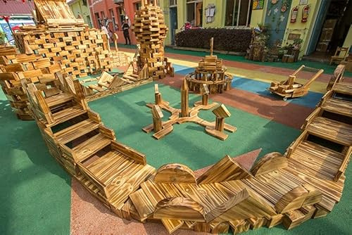 Große Holzbausteine 64 Teile für Kinder– Karbonisiertes Kiefernholz Baukasten, Schwere Bauklötze für den Außenbereich, Sensorik Spielzeug für Vorschule, Kita, Homeschool, Spielplatz Garten (20,7kg)