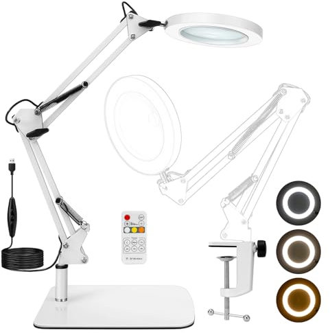 10X Magnifying Glass with Light and Stand Magnifying Desk Lamp & Clamp with 3 Color Modes &10 Adjustable Brightness Magnifying Glasses for Hobbies with Adjustable Swivel Arm & Remote Control