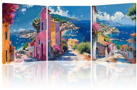 PIY PAINTING Cuadro en lienzo de casa junto al mar, Impresión en Lienzo Paisaje Marino, Cuadro Dormitorio Moderno, Pinturas artísticas Fotografías para Cocina Baño oficina 3X 30x40cm Marco Incorporado