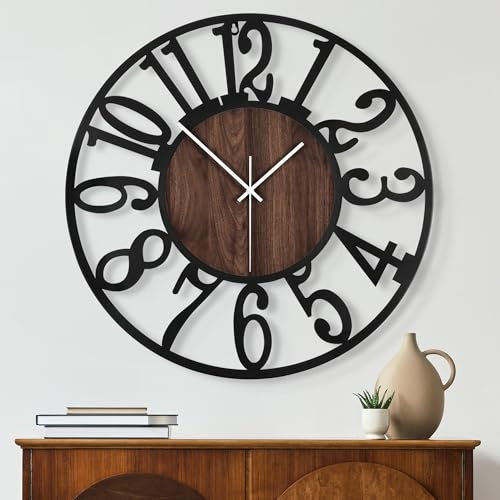 Maxstar Orologio da parete rotondo per la decorazione del soggiorno,alimentato a batteria,senza ticchettio,orologi in legno,metallo nero,per la casa,soggiorno,giardino,ufficio,cucina,decorazione