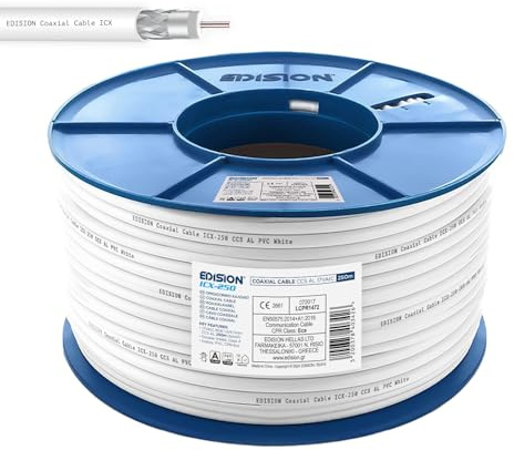 Edision ICX-250 Coaxial Cable 250 m Antenna Cable 130dB Indoor PVC White Steel/Copper Inner Conductor CCS SAT Cable Suitable for DVB-S2 DVB-T/T2 DVB-C BK Systems CCTV Plastic Spool 250 m