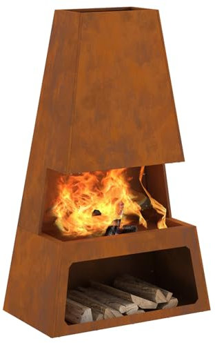 vidaXL Rustikaler Feuergrill mit Holzlagerung für draussen 60 x 35 x 100 cm aus Cortenstahl – Wetterfester Heizkörper für Garten und Patios. Große rechteckige, tragbare Feuerstelle. Rostfest.