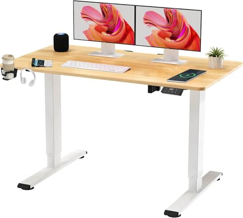 SANODESK QS+110 * 54 Electric Standing Desk ONE PIECE Height Adjustable Standing Desk With Memory Smart Panel Sit Stand Table With Hooks and Cupholder for Home Office (White Frame+ Maple Desktop)