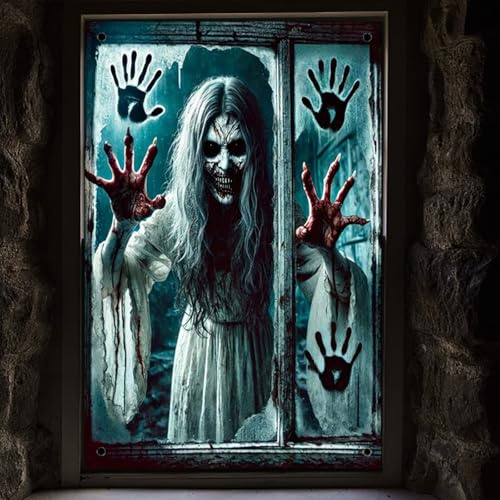Randomgo Cortinas de Terror de Halloween, Cubierta de Ventana de Terror, Decoraciones Aterradoras Ventana de Hallowee, para Halloween Carnaval y Fiesta de Terror Decoración (A) (H,120 * 80cm)