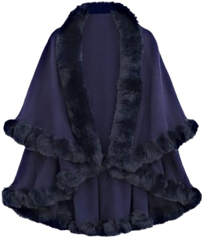 Générique Poncho Cape en Fausse Fourrure pour Femme, Châle Étole Tricoté Chaud d'hiver, Manteau Cardigan Ouvert avec Col en Fausse Fourrure pour Automne Hiver Mariage Soirée Gala (Marine)