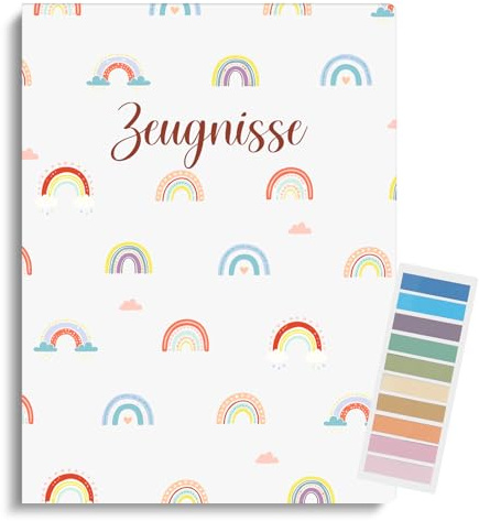 BBTO Cartella Portacertificati A4 Certificati con 30 Buste Trasparenti Note Adesive Regali per il Ritorno a Scuola per Scuola, Casa, Ufficio(Piccolo Arcobaleno)