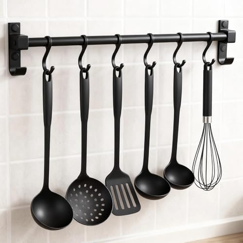 ATTEEFI Barra Portautensili Cucina 40 cm, Alluminio Appendi Mestoli da Cucina con 6 Ganci Rimovibili, Nero Ganci per Cucine, Barra Appendi Utensili da Cucina, per Cucine, Bagni e Corridoi