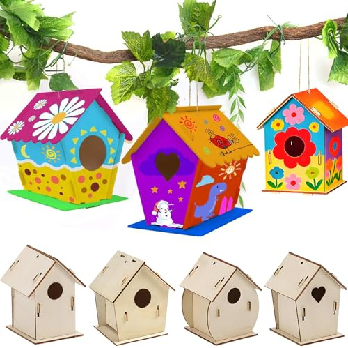 Seamart Kit per casetta per uccelli per bambini, set fai da te, 4 pezzi, in legno, per costruire, pittura, per uccelli, regali per ragazze e ragazzi