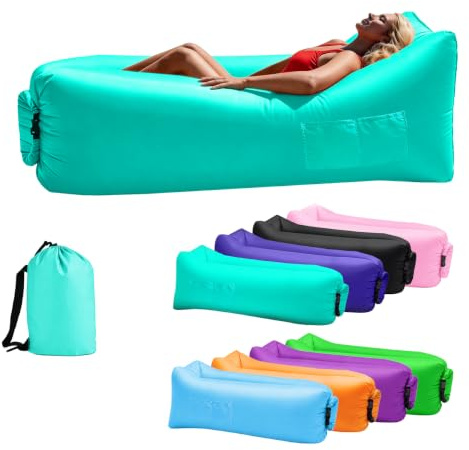 Inflatable Sun Air Lounger with Carry Bag, Portable Blow Up Sofa Bed for Beach Camping Garden 2026 Upgraded, Waterproof Inflatable Chair Couch Sunbed for Outdoor Travel Picnics Hiking Pool (Cyan)