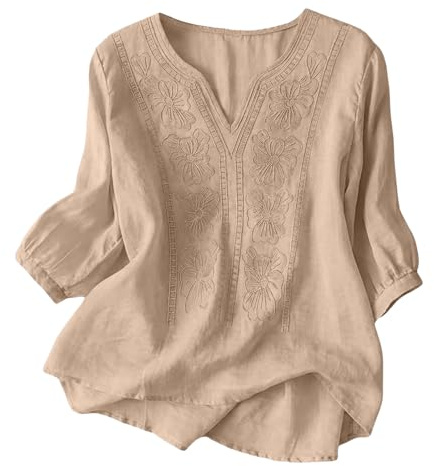 Yinguo Ladies Tops Women's Summer Cotton Linen Shirts - Boho Short Sleeve T-Shirt V Neck Tunic Fashion Baggy Solid Plain Casual Shirts Trendy Blouse for Daily Holiday Hikking