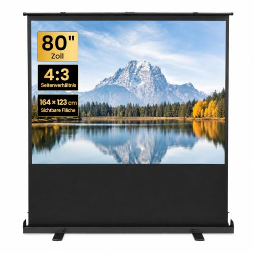 Schermo a rullo da pavimento, 80 pollici, 4:3, 164 x 123 cm, portatile, con sistema di molla a gas, regolabile in altezza, barre di supporto a forma di X, grandangolo di 120°, per home theater e