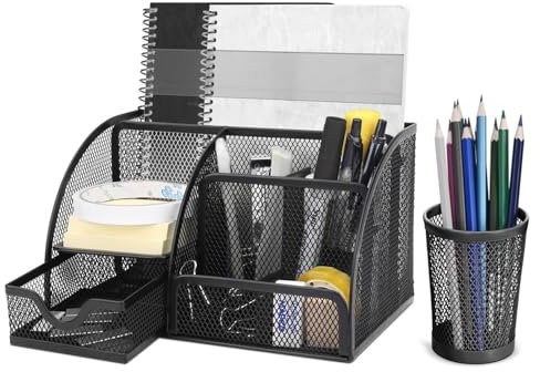 Flexzion Desk Caddy Organizer Set (Black) - Metal Mesh Desktop Caddy with Drawers, 6 Compartments, and Pencil Holder for Women & Men - Desktop Organizer and Storage for Work or Office Supplies