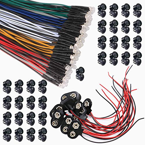 GTIWING 50 st förkopplade lysdioder, dioder ljus, 12 V förkopplat ljus, 3 mm lysdioder med 20 cm kabel (5 färger, varje 10 st) 50 st 3 mm LED monteringsringar plast 10 st 15 cm 9 V T-typ batteriklämma