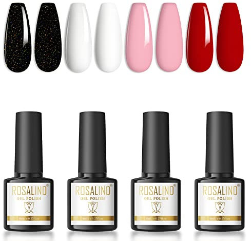 ROSALIND Esmaltes Semipermanentes Para Uñas Desnudo Negro Blanco Rosa Rojo Esmaltes Semipermanentes 8ml Uñas Semipermanentes Pintauñas Gel Pintauñas Permanentes UV LED nail polish 4pcs