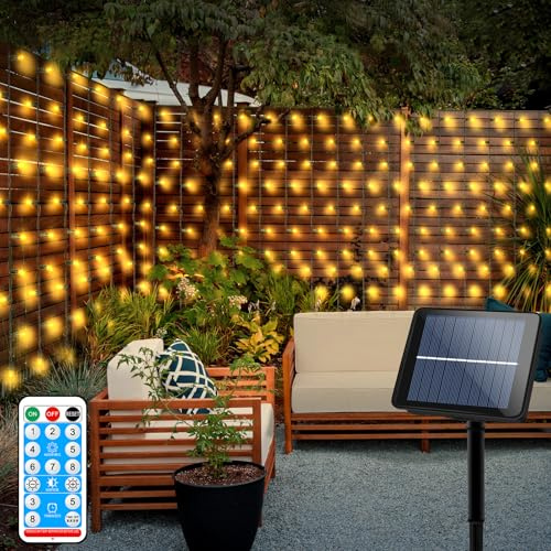 echosari Solar Powered Curtain Lights 33ftx 3ft 500 LED Outdoor Curtain Lights Waterproof with Remote Timer for Garden Patio Fence Wedding Wall Gazebo Decor - Warm White