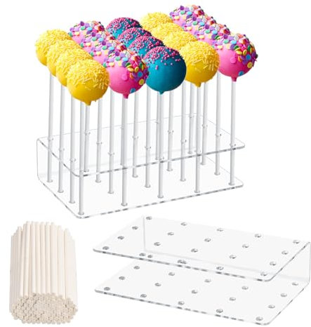 Natuce 2 Piezas Soporte para Piruletas, Acrílico Soporte Cake Pops con 20 Agujeros y 100 Palitos Cake Pops, Transparente Soporte para Caramelos para Bodas, Cumpleaños, Baby Showers, Aniversarios