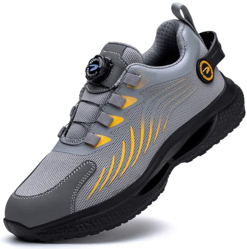 Dajingkj Scarpe antinfortunistiche da uomo leggere trendy manopola rotante scarpe da lavoro cuscino d'aria scarpe da ginnastica traspiranti scarpe con punta in acciaio, grigio., 44 EU