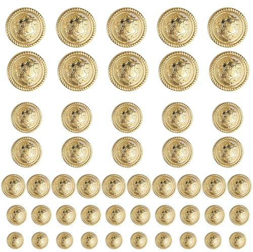50 Piezas Botón Dorado Mercería, Decorativos De Tendencia, Pulidos Con Varilla, Botones de Ropa Blazer de Metal Escudo para Abrigos Chaquetas (12.5/15/18/21/25MM) (Set A)