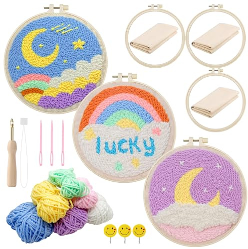 Allazone 3 Pz Punch Needle Kit, Ricamo Starter Kit, Kit per Ricamo con Motivo e Istruzioni, Set da Ricamo per Principianti, Adulti e Bambini, per Fai Da Te, Artigianato (Arcobaleno e Luna)