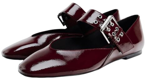 Ballerine Leopardate da Donna, Scarpe Mary Jane alla Moda con Punta Quadrata e Cinturino con Fibbia,Scarpe Eleganti comode e Casual con Tacco Basso,Burgundy,39 EU