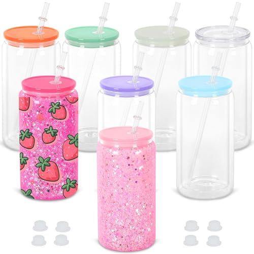 Bicchiere da 470 ml, con vetro a sublimazione pre-forato, per fai da te, con coperchio colorato, a doppia parete, confezione da 8