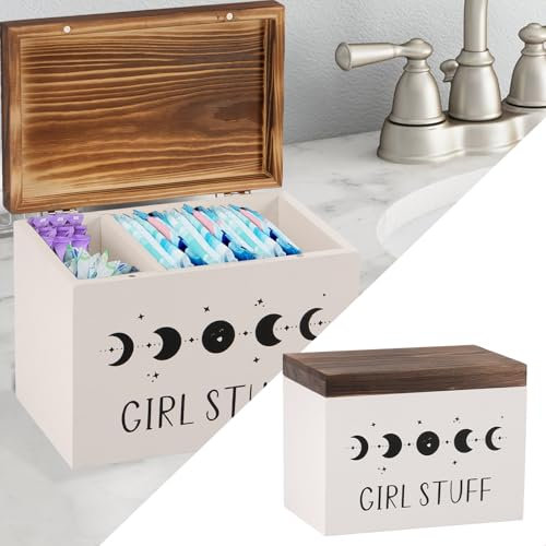 BAODBF Wooden Tampon Storage Bathroom, Storage Box, Hygienic Items, Versatile Sanitary Towels Storage Bathroom, 2 Compartments, Cotton Pad Dispenser with Lid, Tampon Holder for Bathroom, White, 20.3 x