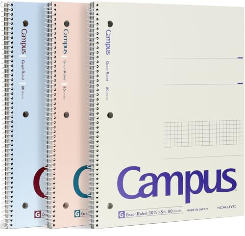 KOKUYO Spiral Notebook with 5x5 Graph Paper, 3 Pack Campus 10-1/2 x 8 Subject Notebooks, 80 Sheets, Light Pink Blue Off-White 3 Holes School Spiral Journal for Study Planner Drawing (WSG-SU-400G4×3)