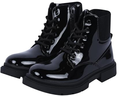 A2Z 4 Kids Girls Teens Ladies School Shoes Lace Up Patent Boots Ankle Combat - Boots Lace & Shine Black 1 UK
