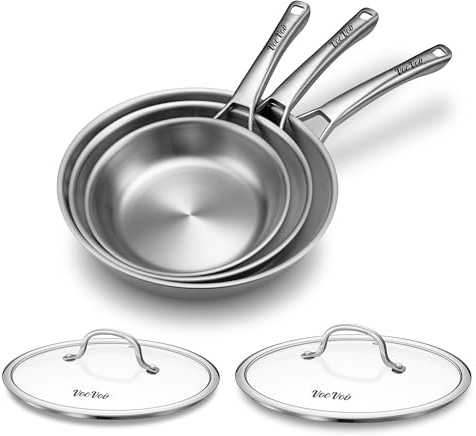 Tri-Ply Stainless Steel Frying Pans Set with Lid,PFOA&PTFE Free Skillets,Chef's Pan Set(8+10+12inch) Frying Pans for cooking,Induction Cookware Sets,Dishwasher and Oven Safe Kitchen set