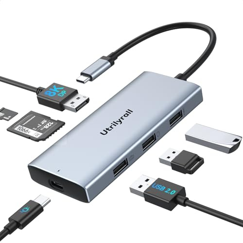 Utrilyrall USB C to DisplayPort Adapter, 7-in-1 USB C Hub with DisplayPort 8K@30Hz/4K@120Hz, 87W PD Charging, 3 USB 2.0 Ports, SD/TF Card Reader for MacBook Pro/Dell/HP/iPad/USB-C Laptops/Tablets