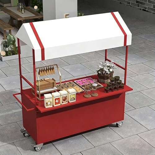 HARELA Carro de Venta Ambulante, Genérico Puesto De Mercado con Toldo, Móvil de Venta Ambulante de Comida, Carrito de Comida Callejero para Perritos Calientes/Salchichas/Pan(Red,140cm/55.1in)