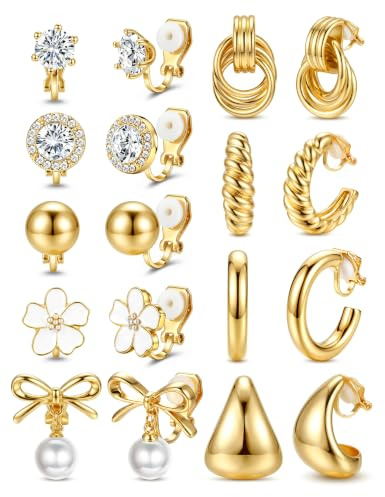 Chriscoco Clip On Earrings for Women 14K Gold Plated Clip Earring Non Pierced CZ Pearl Knot Twist Chunky Hoop Stud Clip-on Earrings Set Hypoallergenic Statement Fake Earring